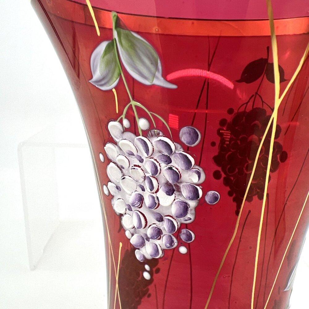 Famosa LPW Vienna Austria Ruby Red Glass Vase Hand Painted Grapes Gold Trim - Picture 8 of 14